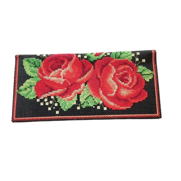 Handmade Cross-stitch drawing of two red roses Wallets Clutch Folk art - Picture 1 of 7